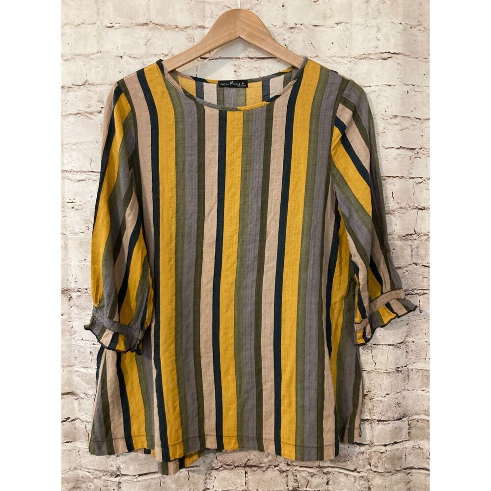 Emery Rose Top‎ Womens Medium Mustard & Olive Vertical Striped Bell Sleeve